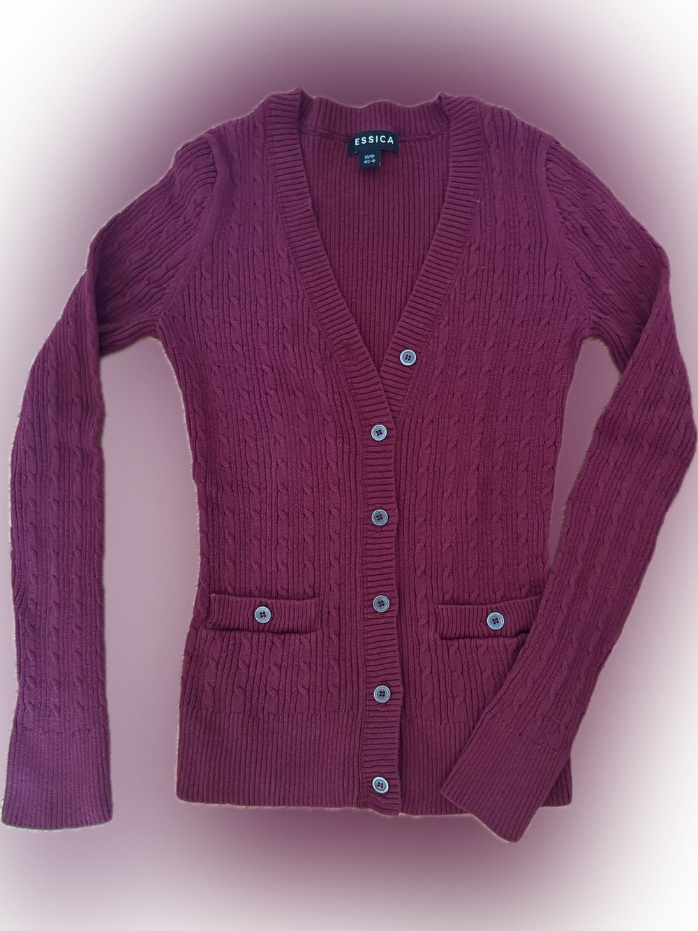 Jessica Bordeaux Red Cable-Knit Button-Front Cardigan. Cotton.